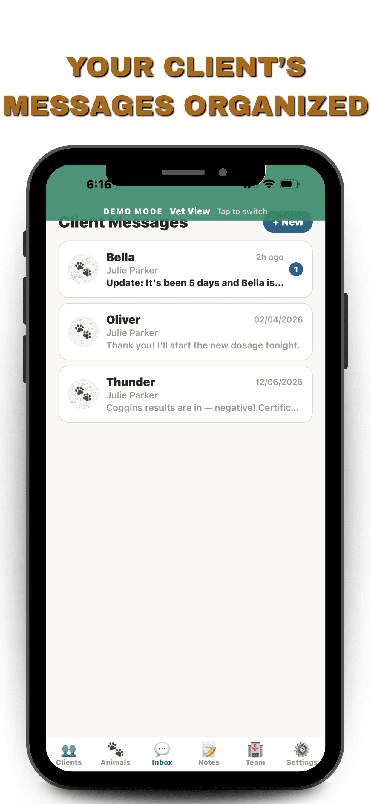 Your client messages organized — vet inbox
