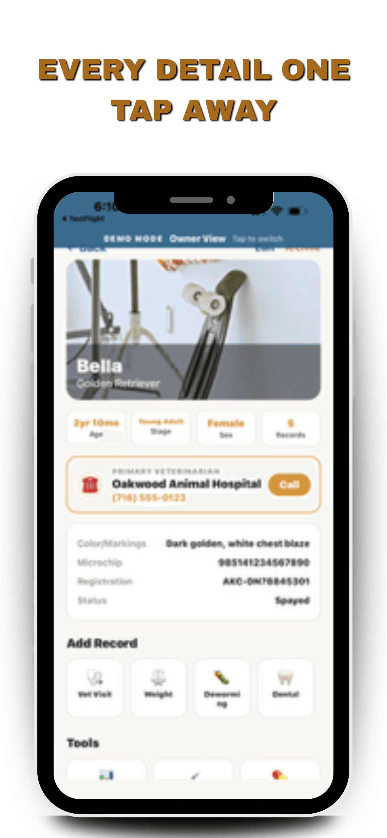 Every detail one tap away — animal profile view