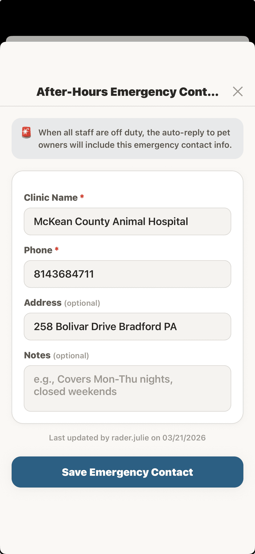 After-hours emergency contact form