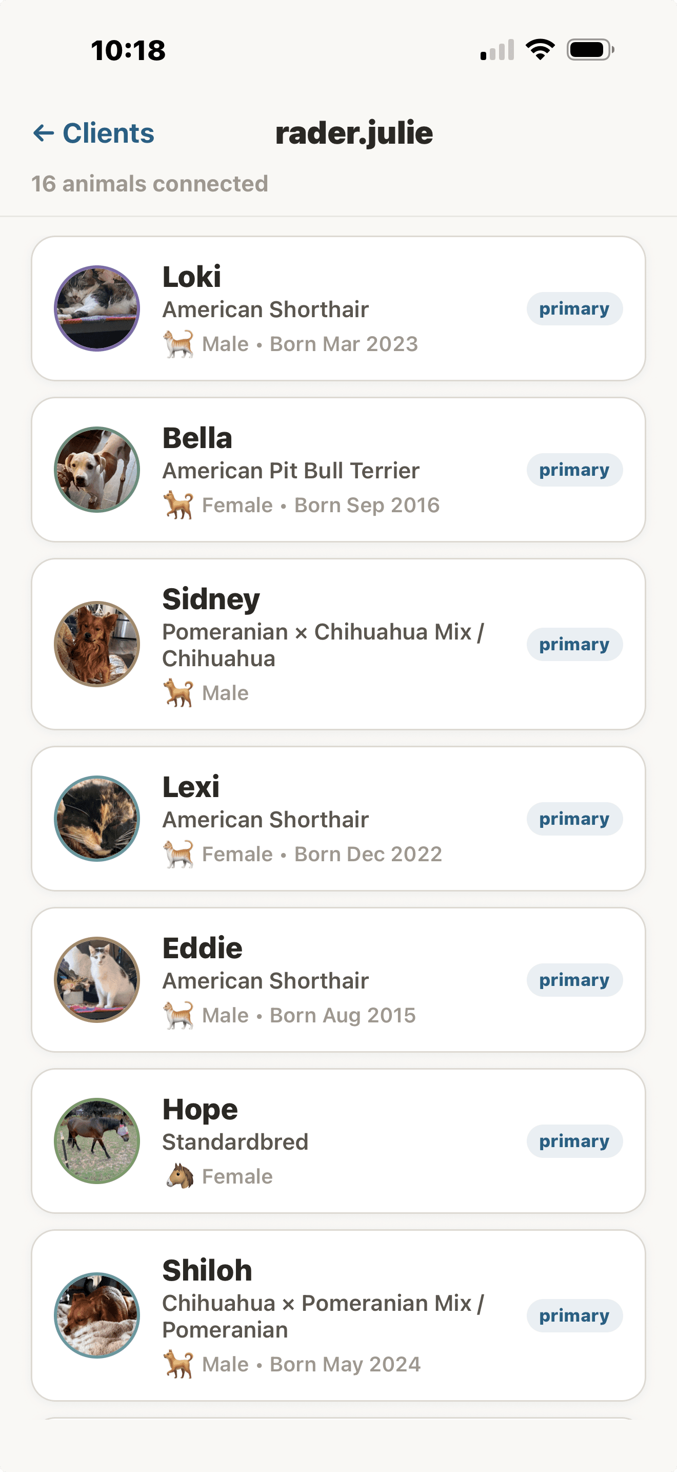 Every animal in one list — dogs, cats, horses, cattle