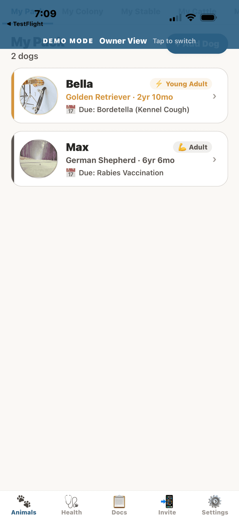 Animals list showing all your pets