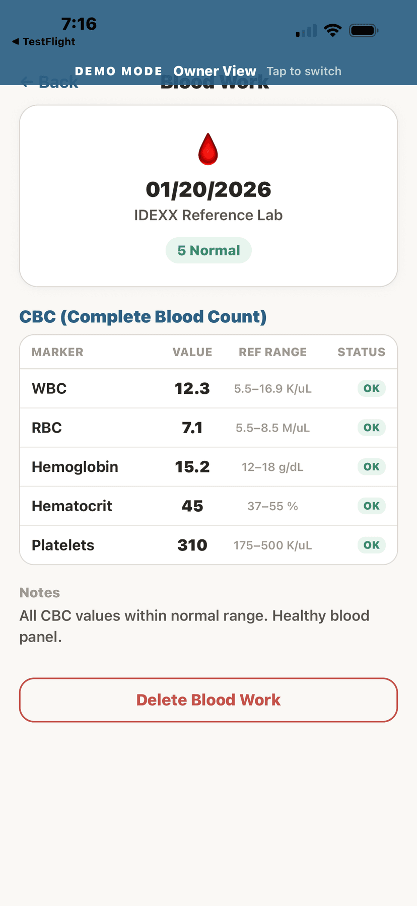 Blood work results with marker details