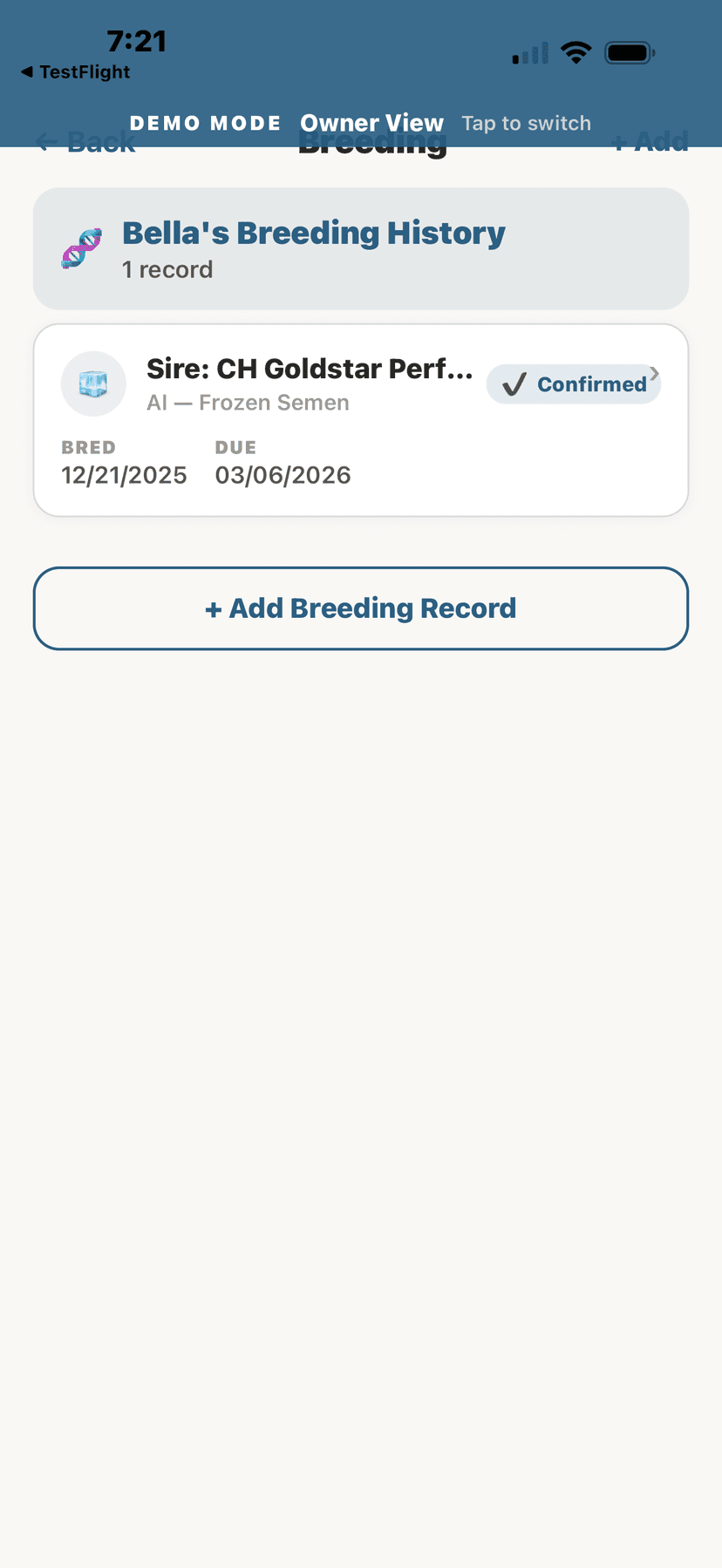 Breeding history with dates and partners