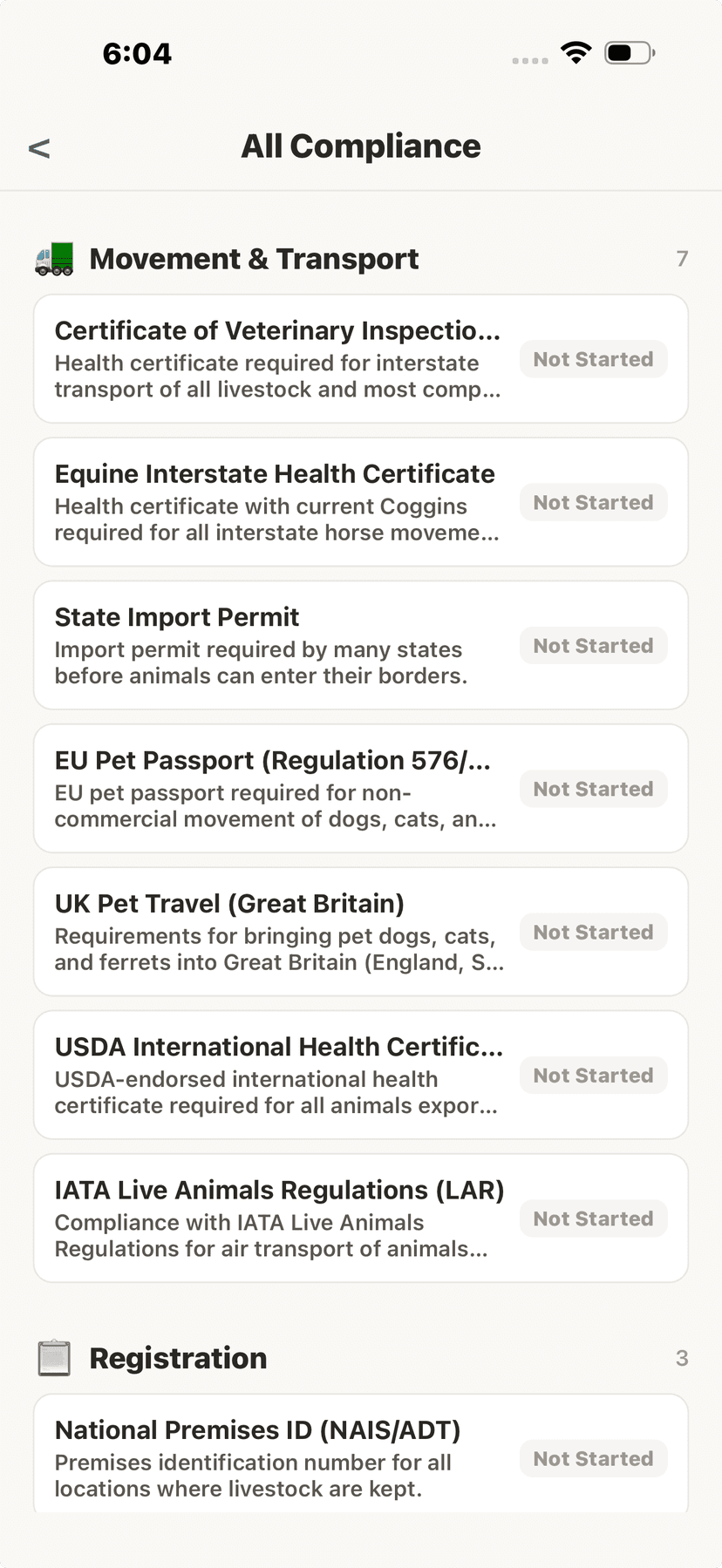 Movement and transport requirements