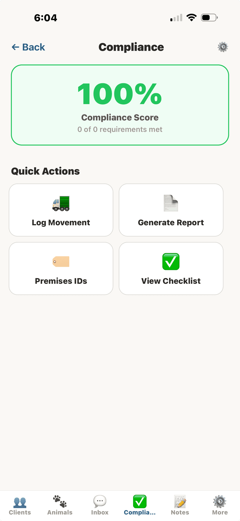 Compliance dashboard with score and quick actions