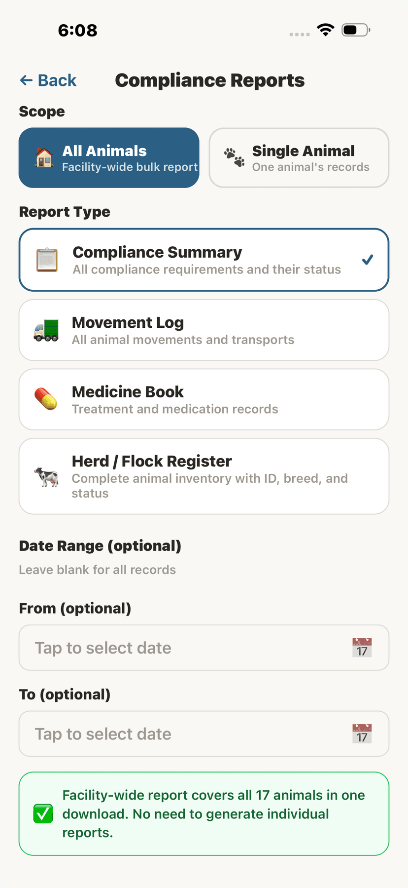 Facility-wide bulk compliance report