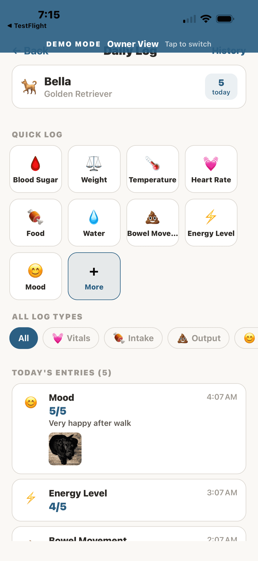 Daily log with mood and vitals tracking