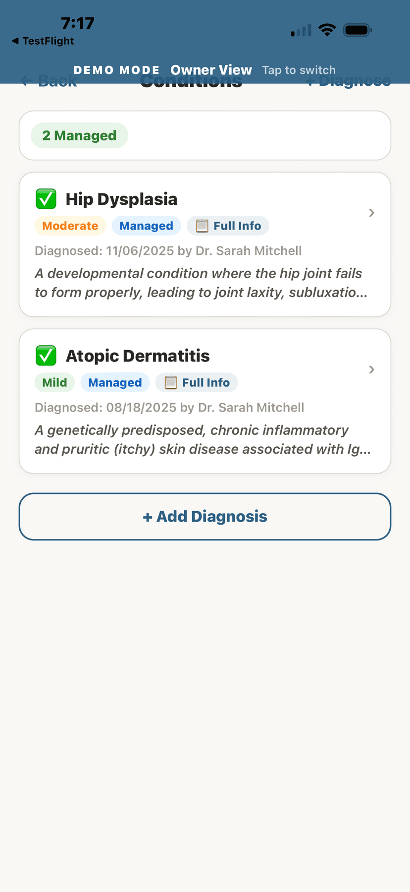 Disease conditions tracked for your animal