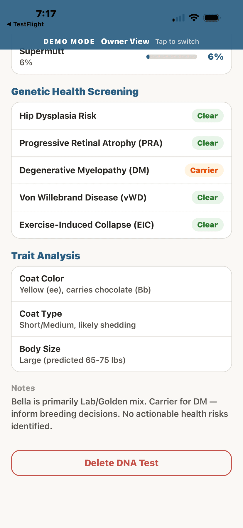 Genetic trait analysis from DNA test
