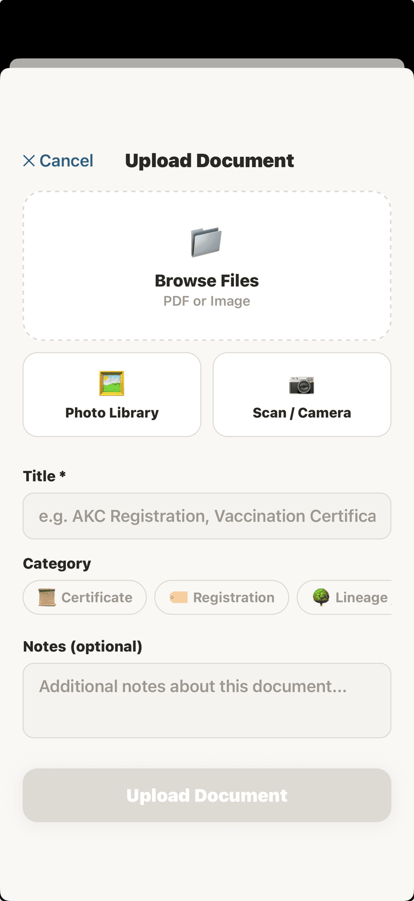 Document upload screen