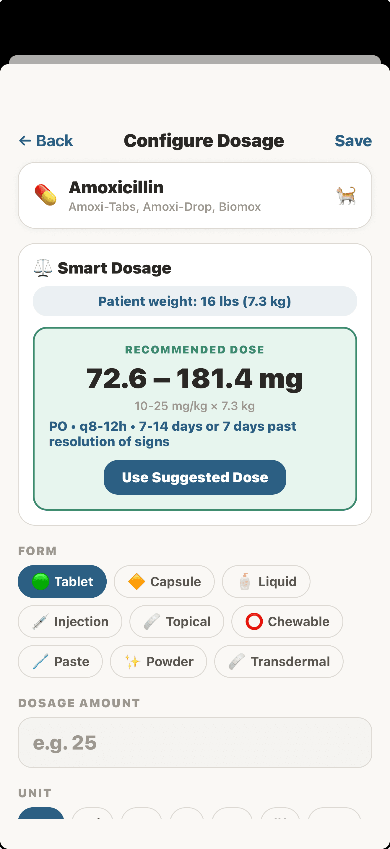 Smart medication dosing — weight-based calculations