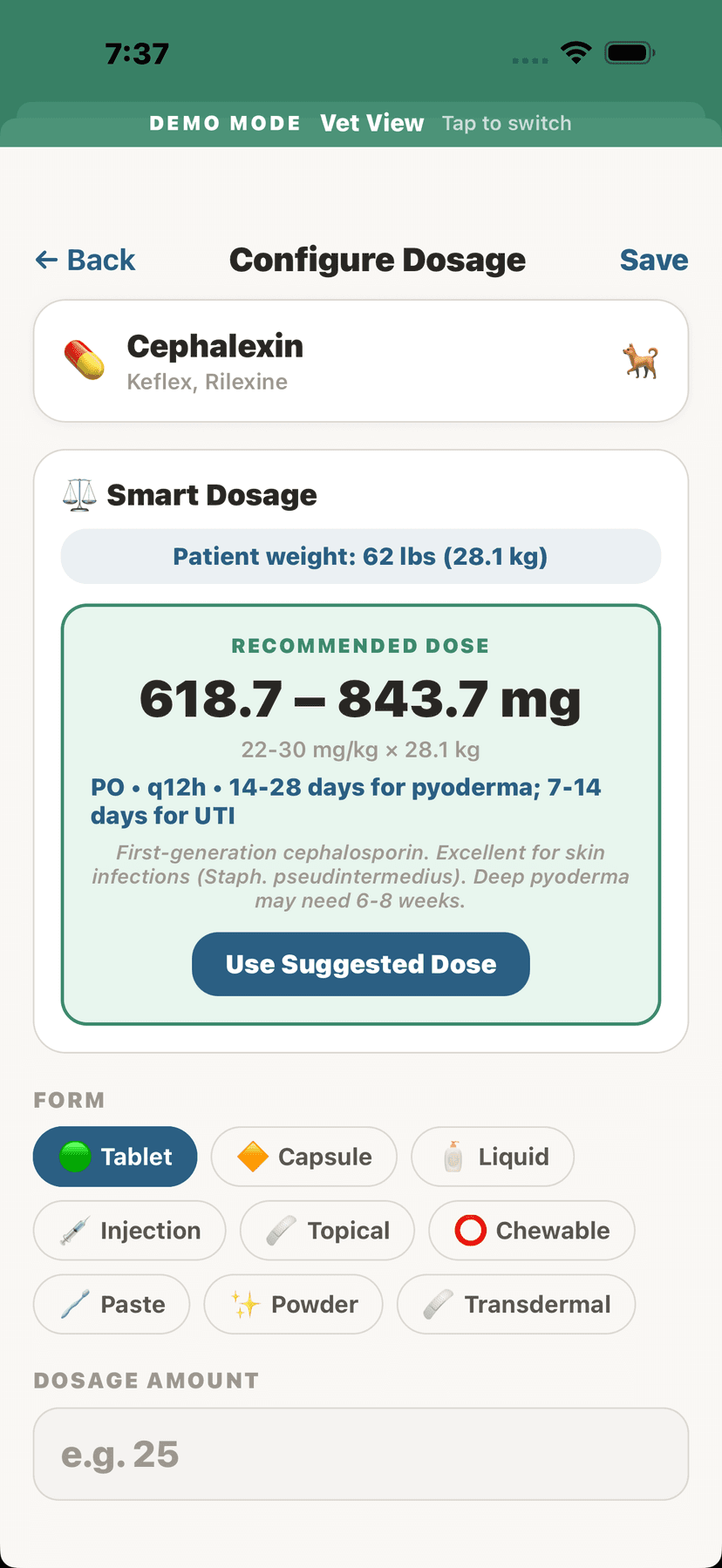 Smart dosage calculator with weight-based recommendations