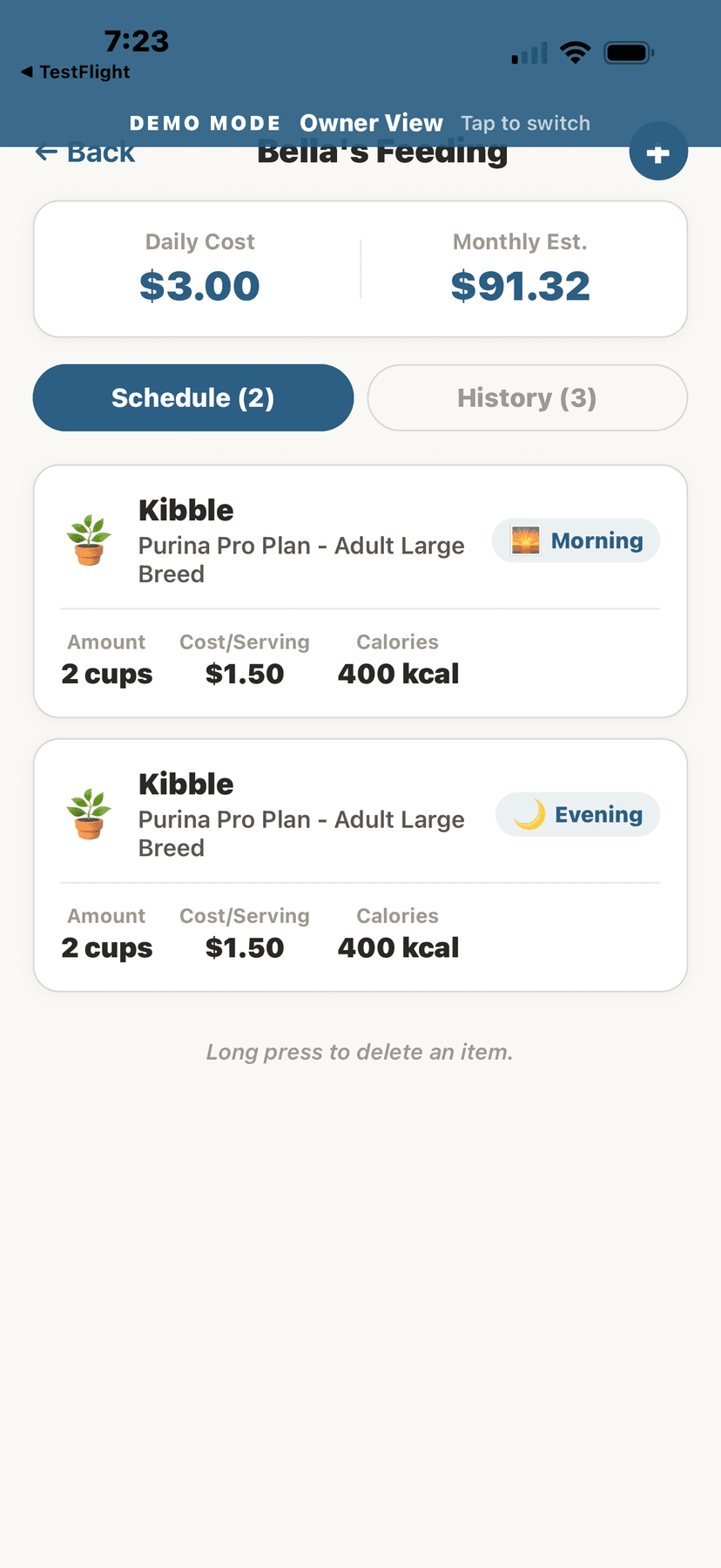 Feeding schedule with cost tracking