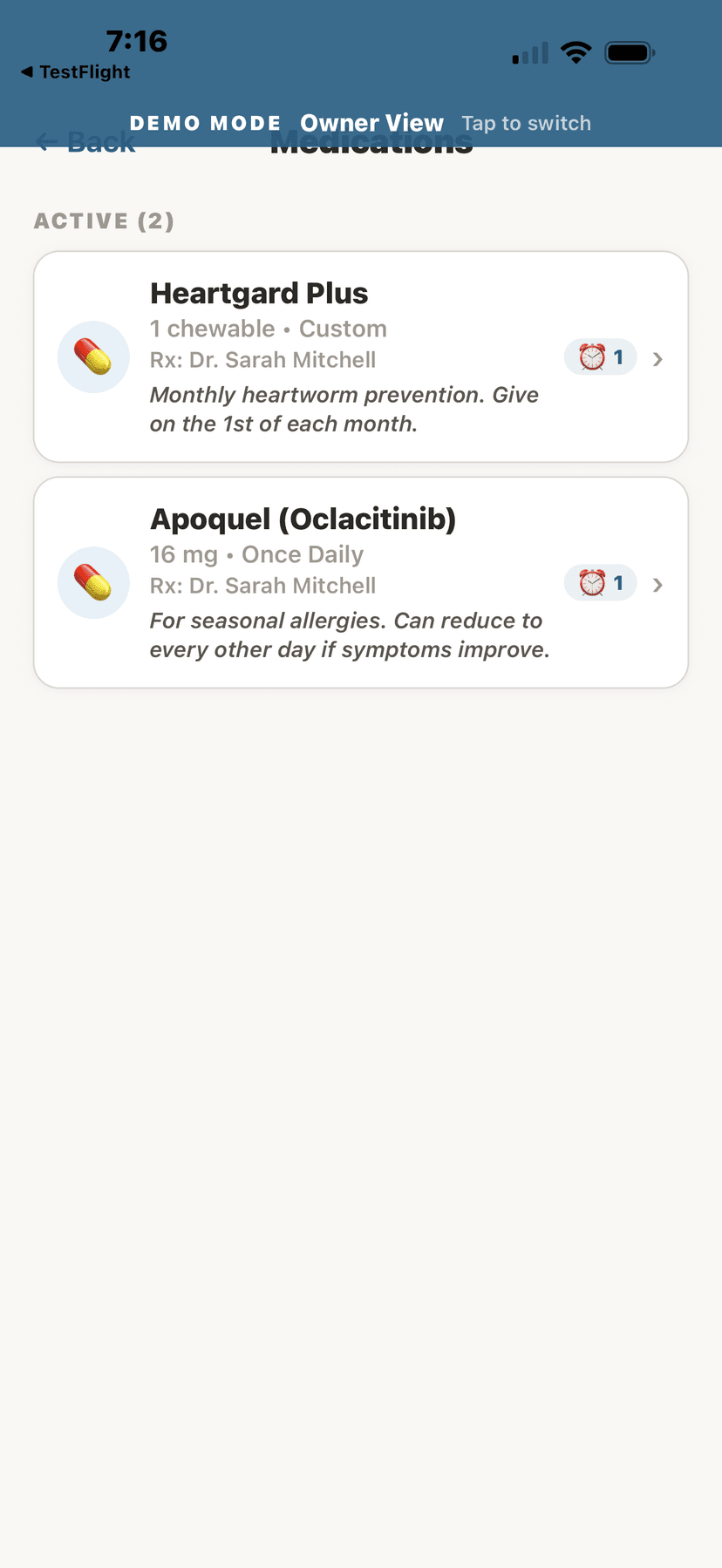 Active medications with alarm reminders