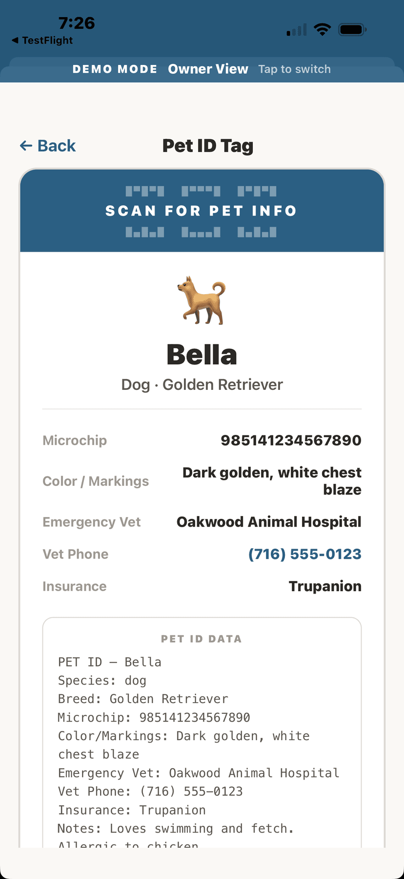 Scannable QR pet ID tag