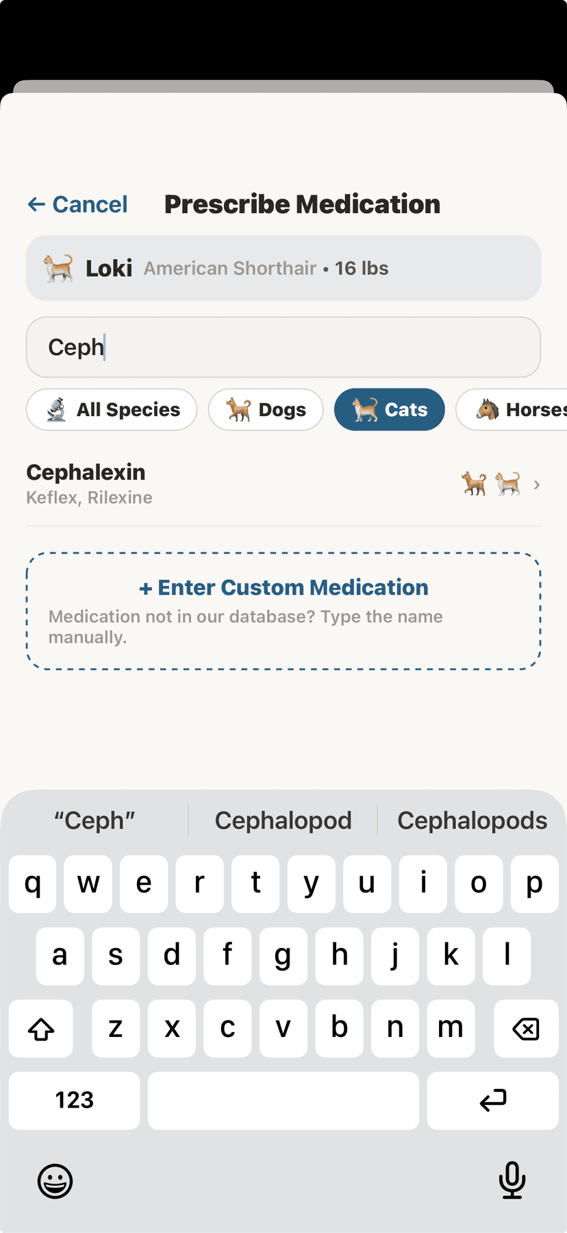 Search drugs by name with species icons