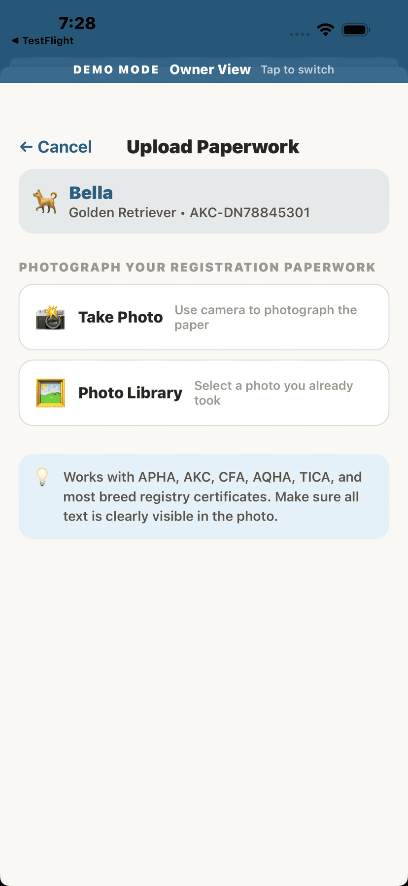 Upload registry paperwork with AI reading