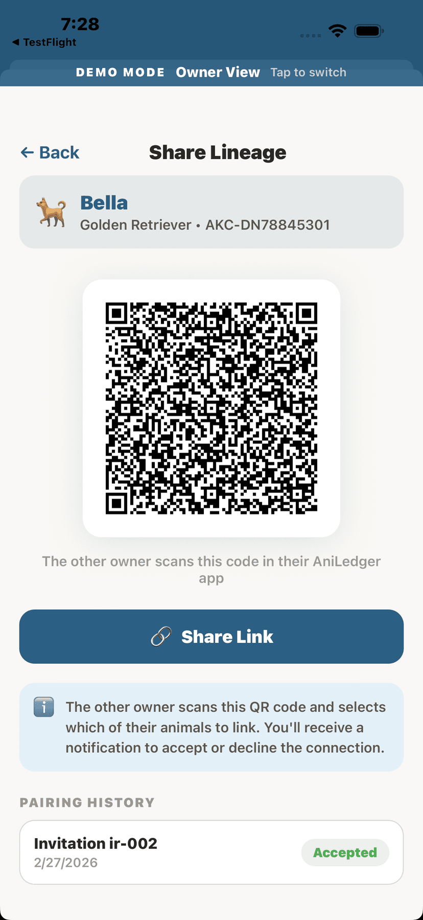 Share lineage QR code with pairing history