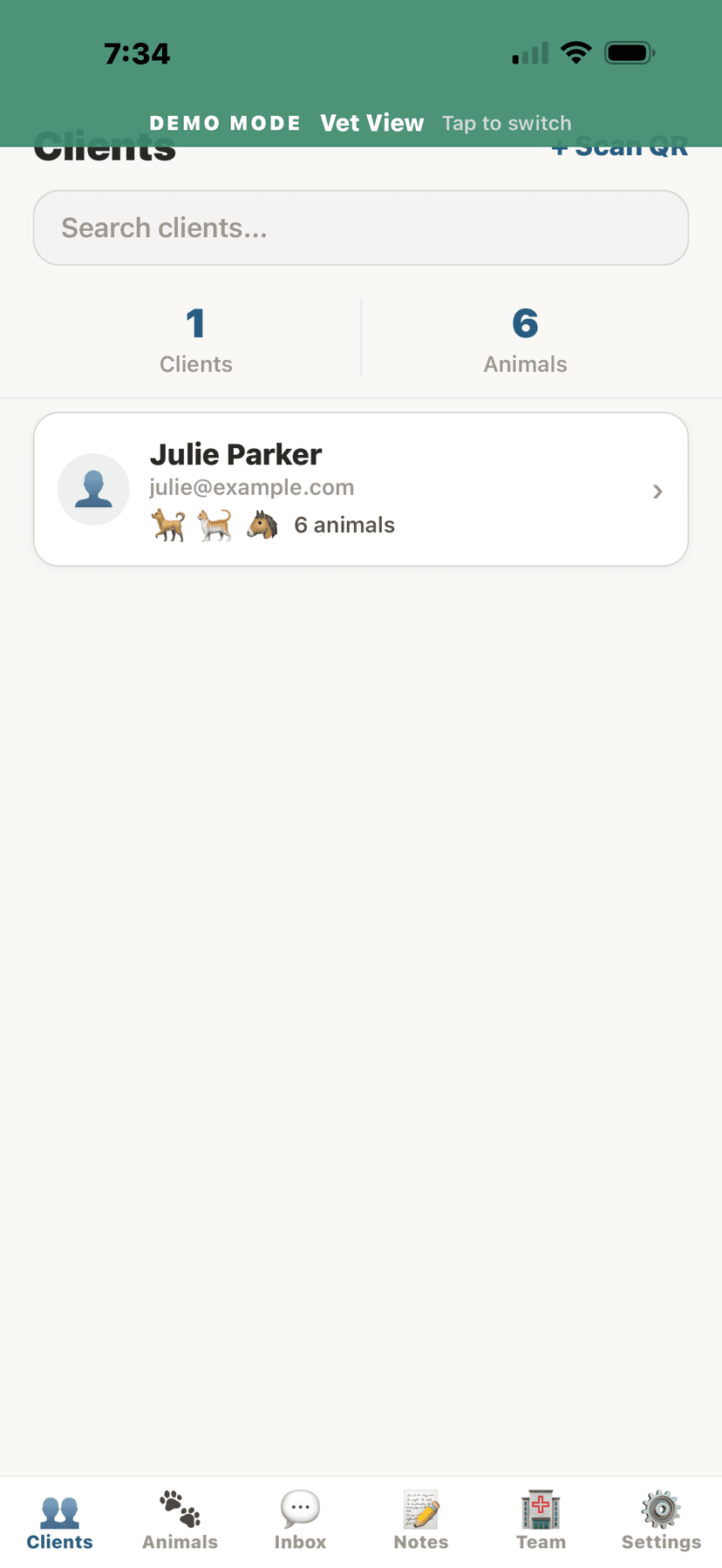 Vet client dashboard with animal counts