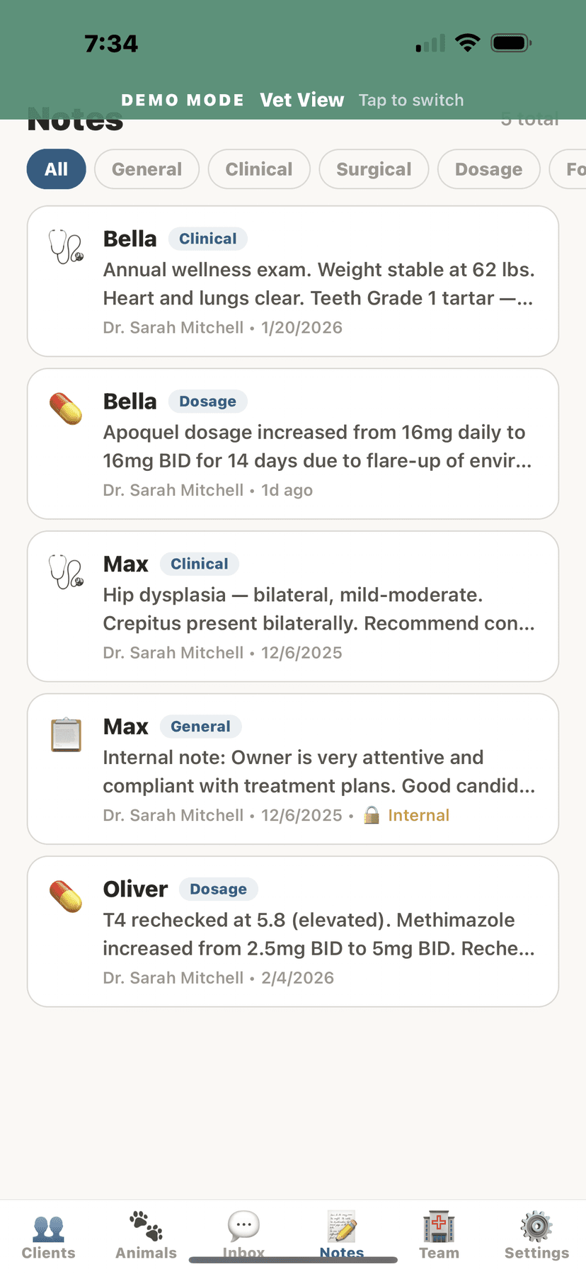 SOAP notes filtered by type