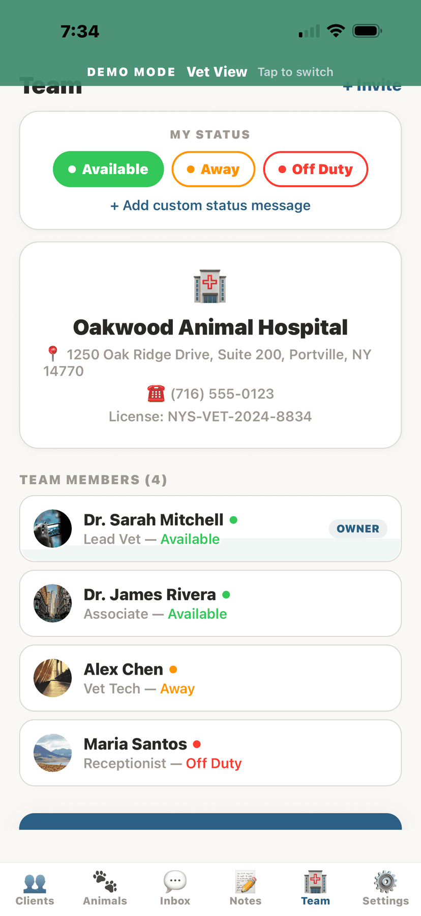 Team management with availability status