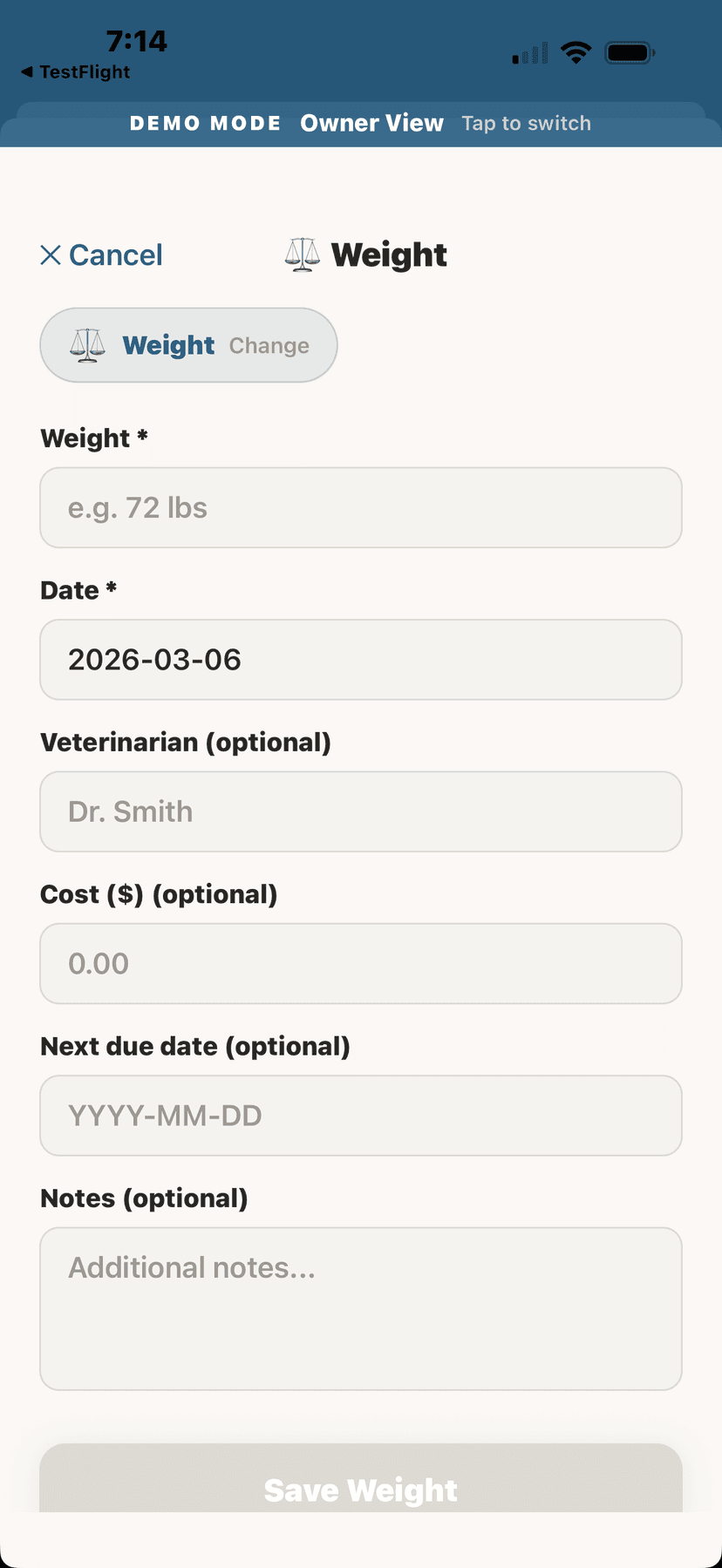 Recording a weight entry