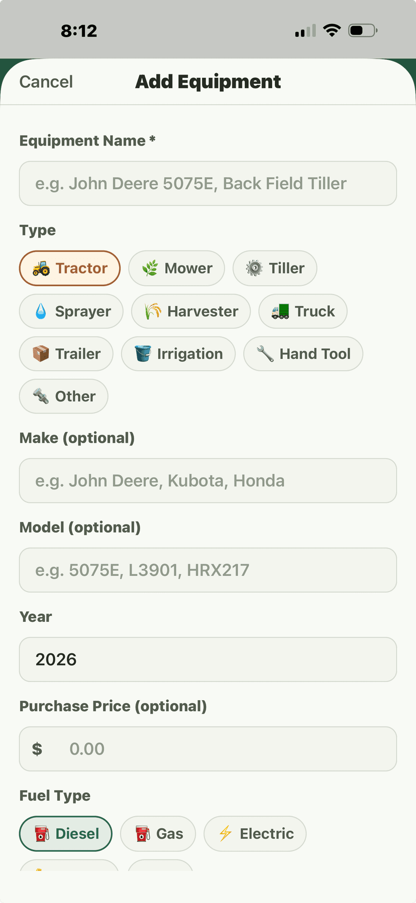 Add Equipment form - name, type, make, model, year