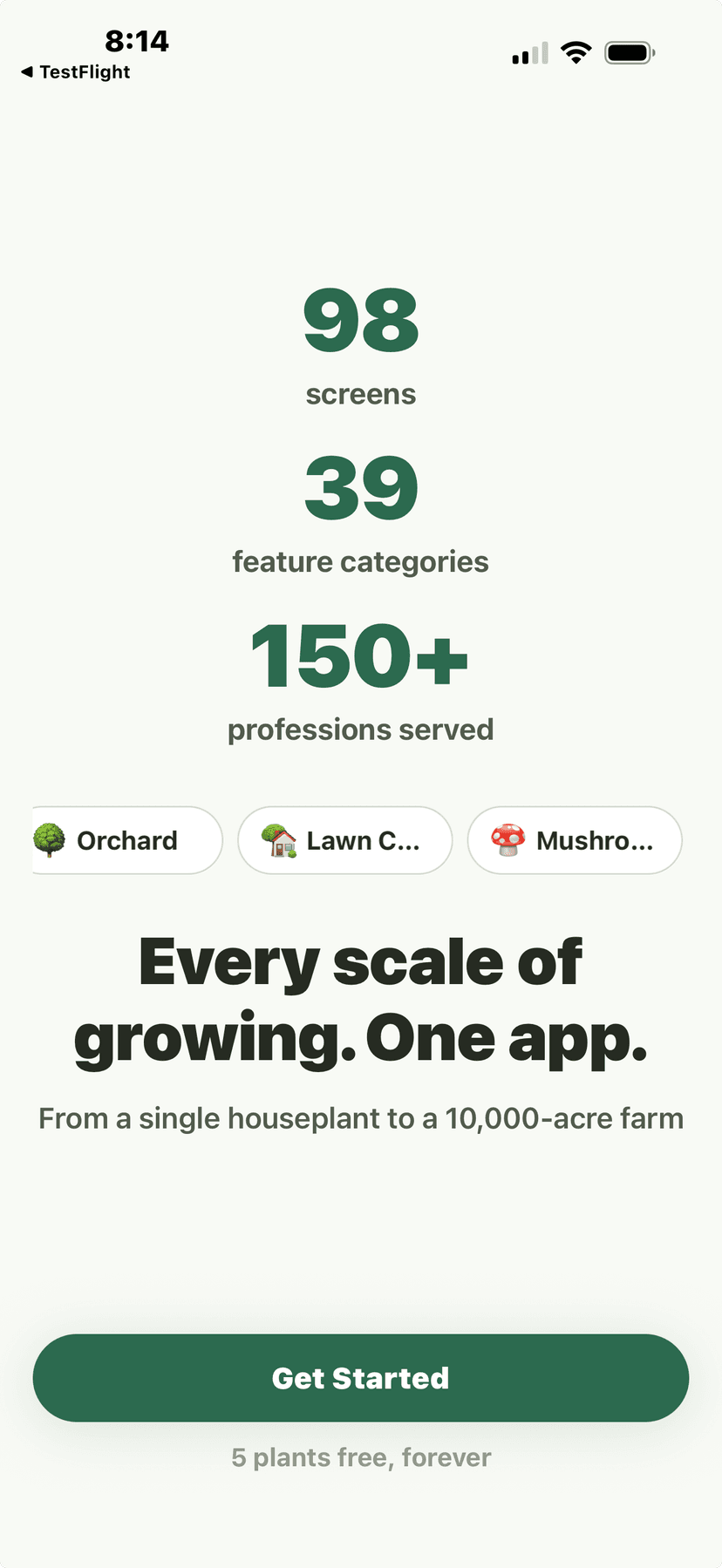 Onboarding welcome screen showing 98 screens, 39 categories, 150+ professions
