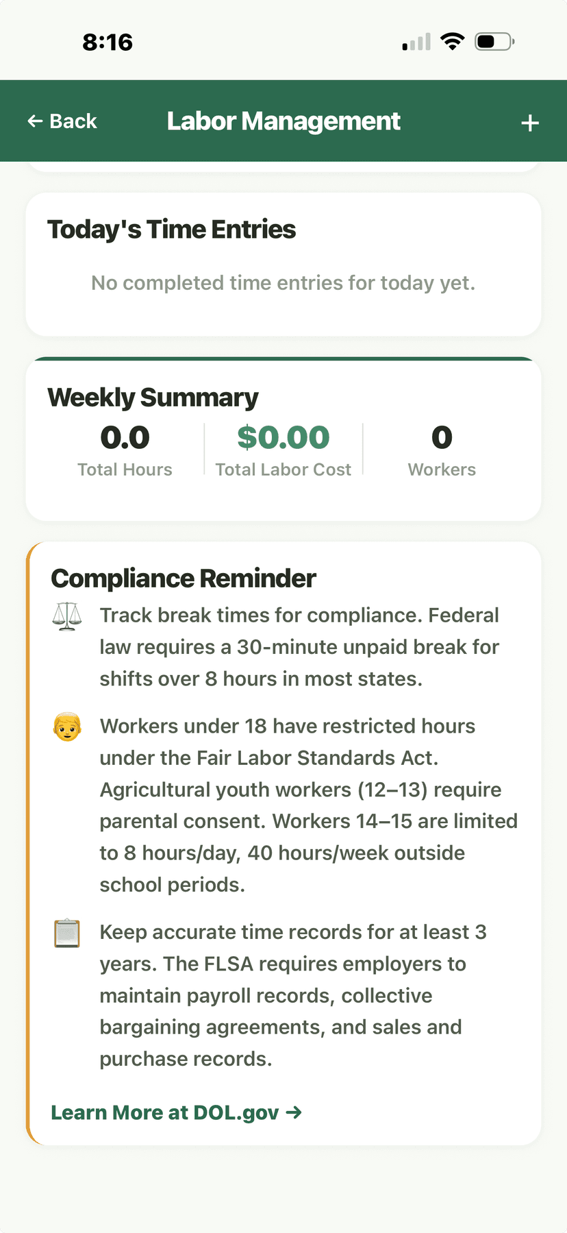 Labor Management - compliance reminder with FLSA details