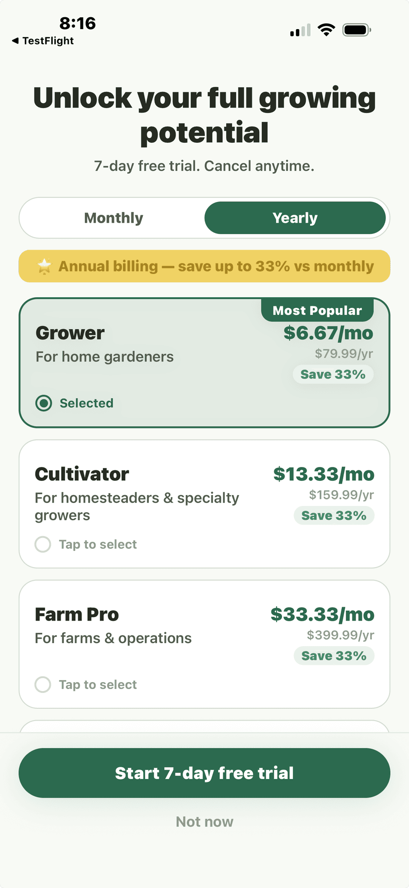 Paywall - yearly pricing with 3 tiers (Grower, Cultivator, Farm Pro)