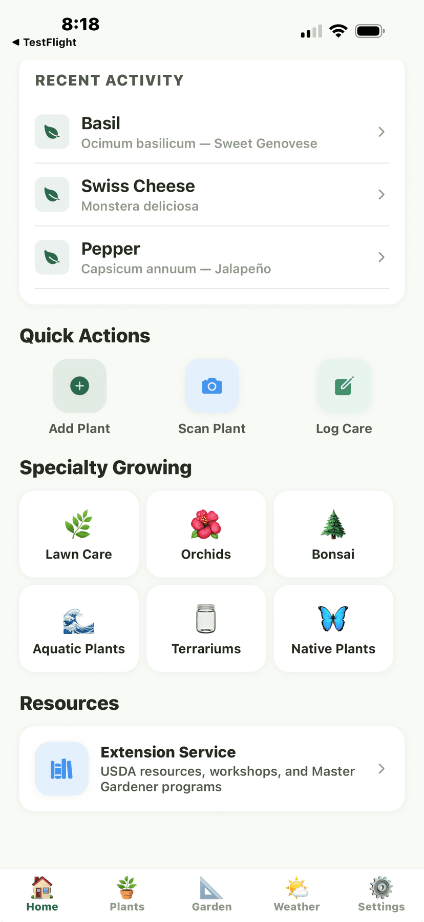 Home screen with recent activity and specialty growing