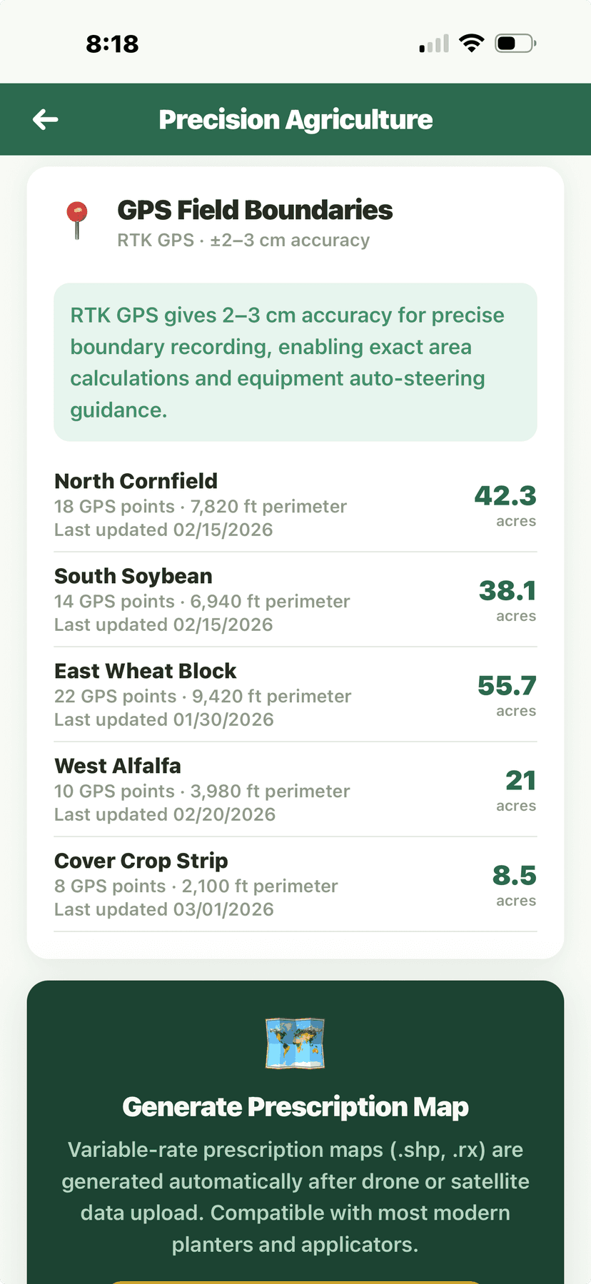 Precision Agriculture - GPS field boundaries with 5 fields and acreage