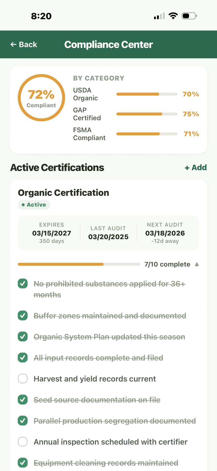 Compliance center with organic certification tracking