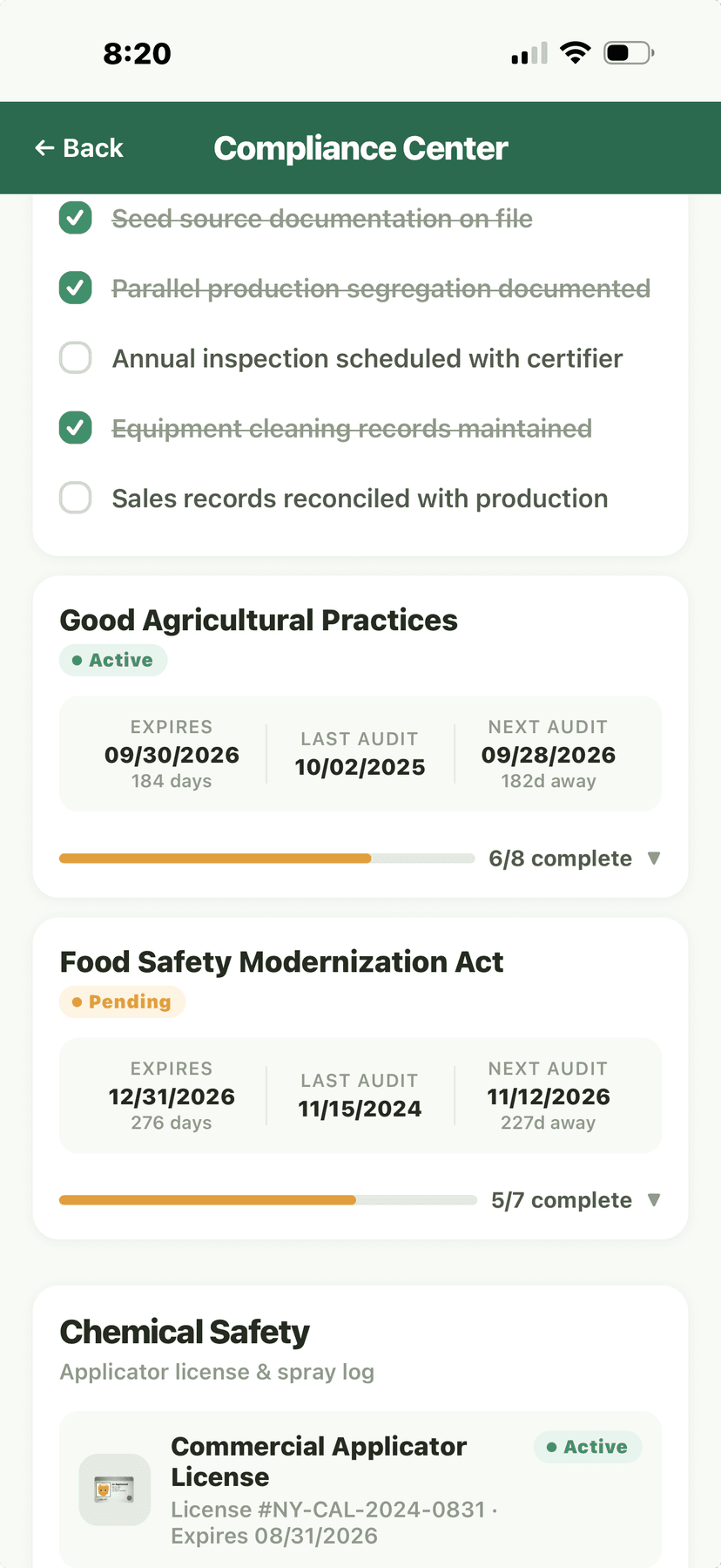 Compliance Center - GAP, FSMA, chemical safety
