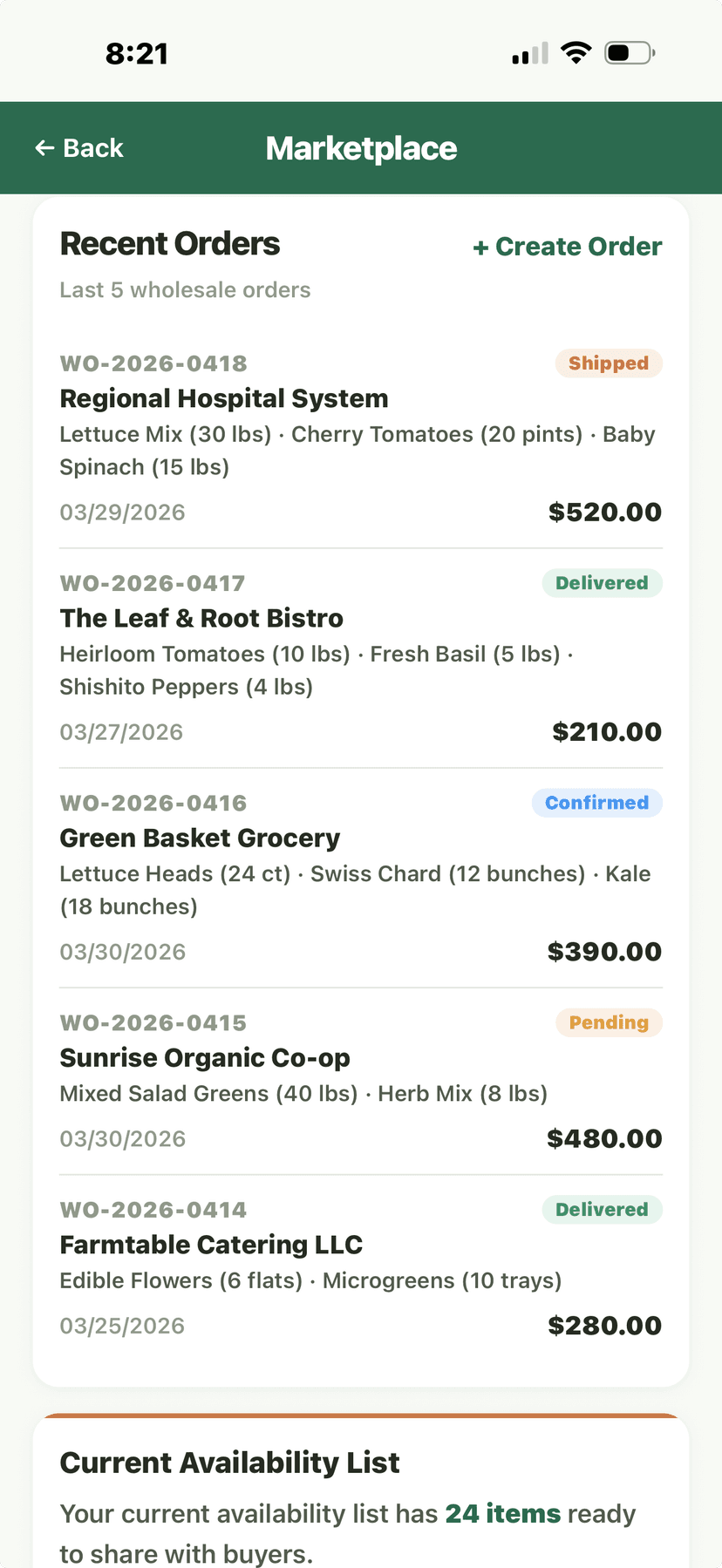 Marketplace - Wholesale recent orders