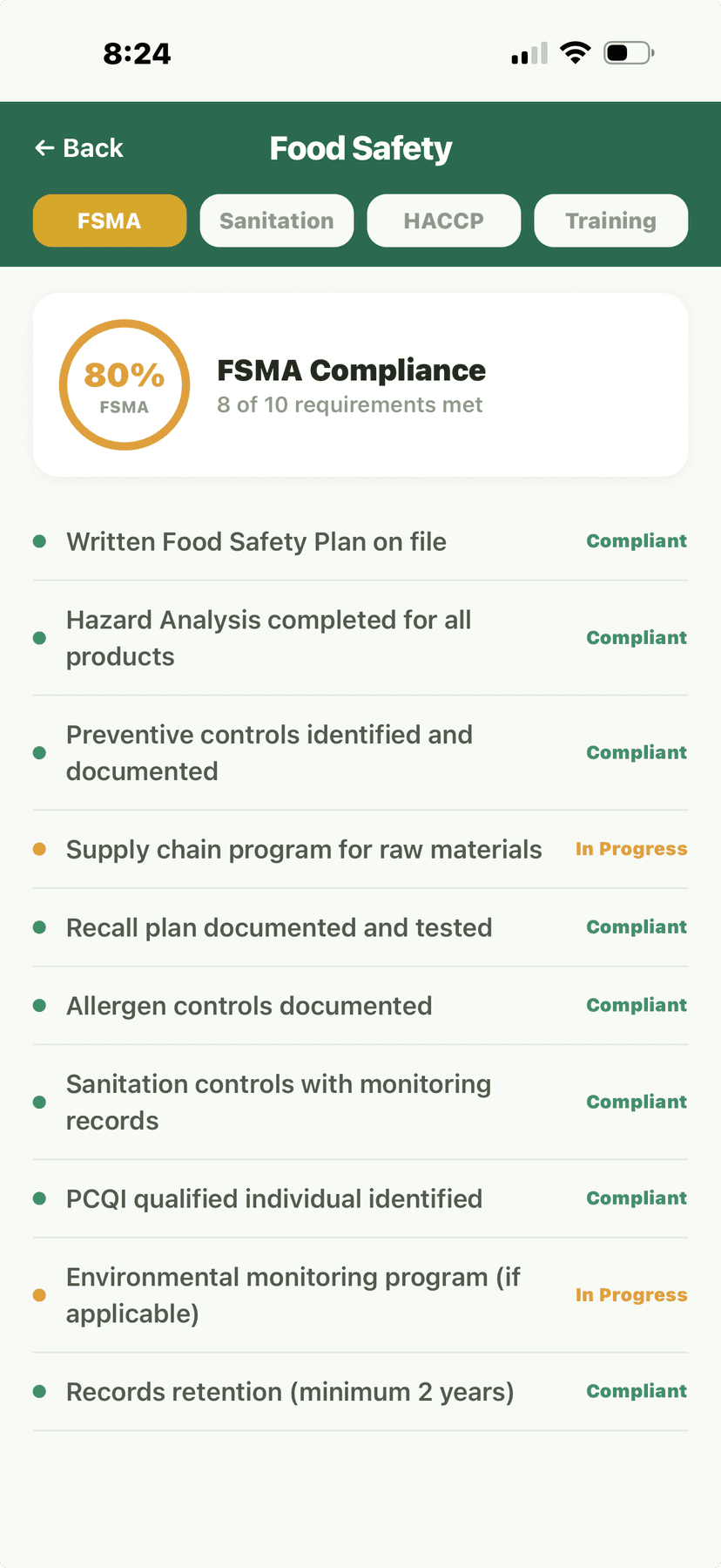 Food safety FSMA compliance tracking