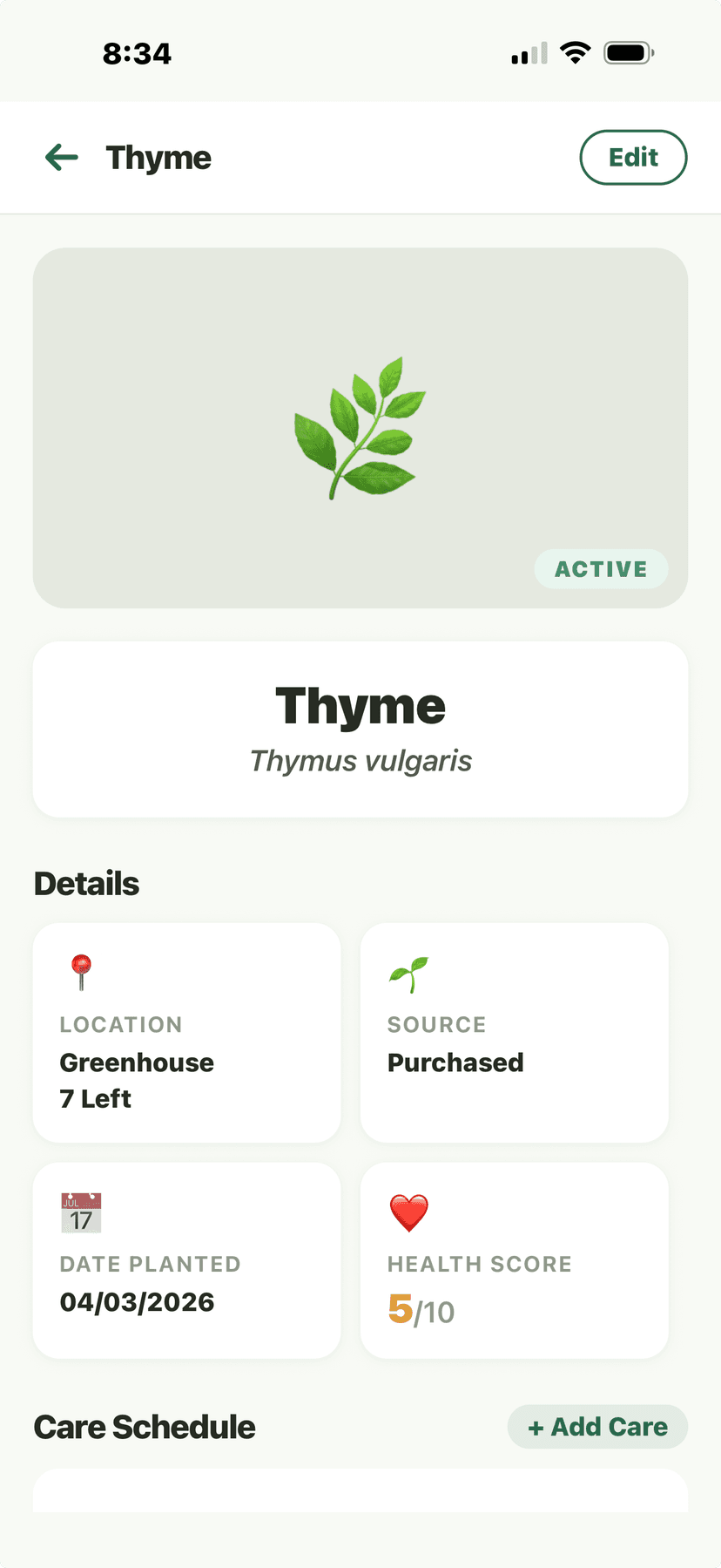 Plant Profile - Thyme details with location, source, health score