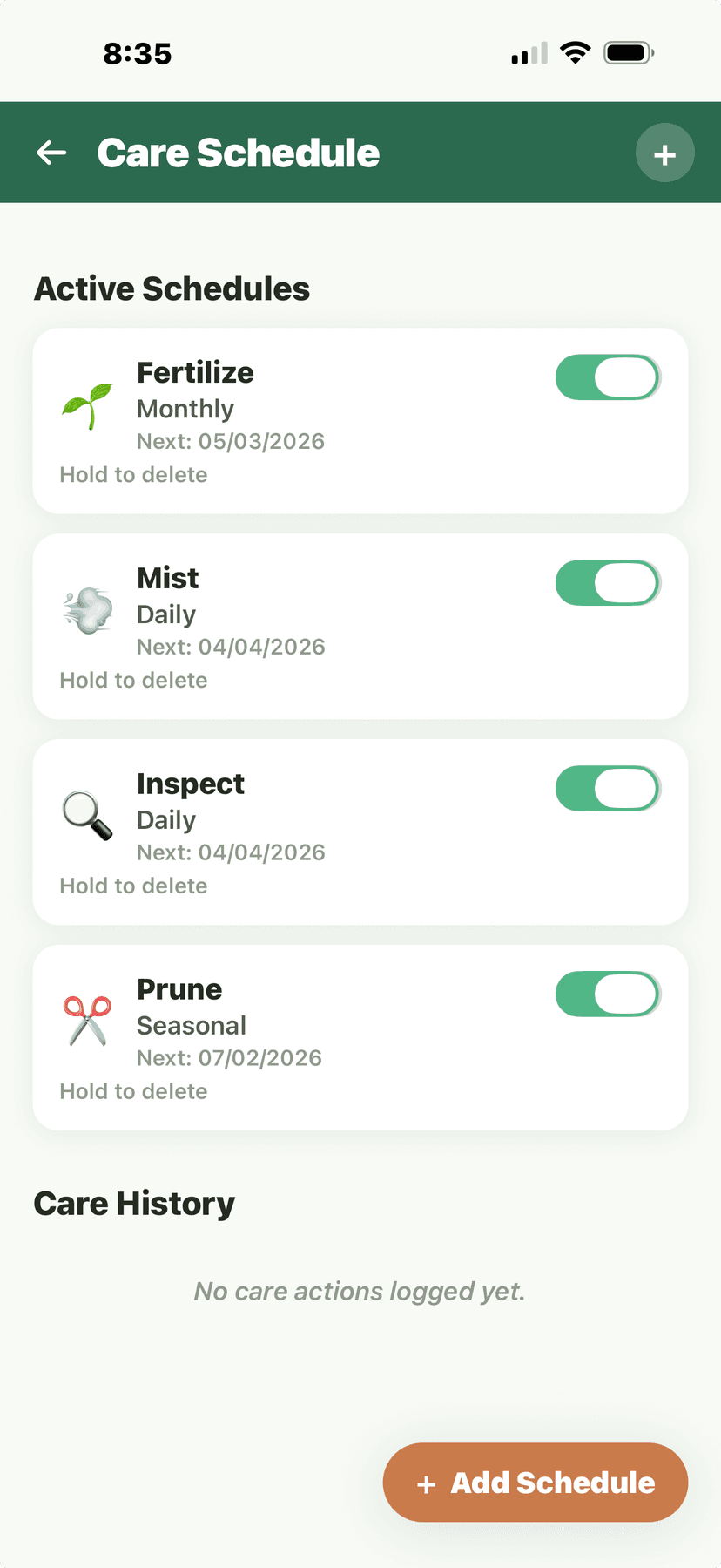 Care Schedule - active schedules and care history