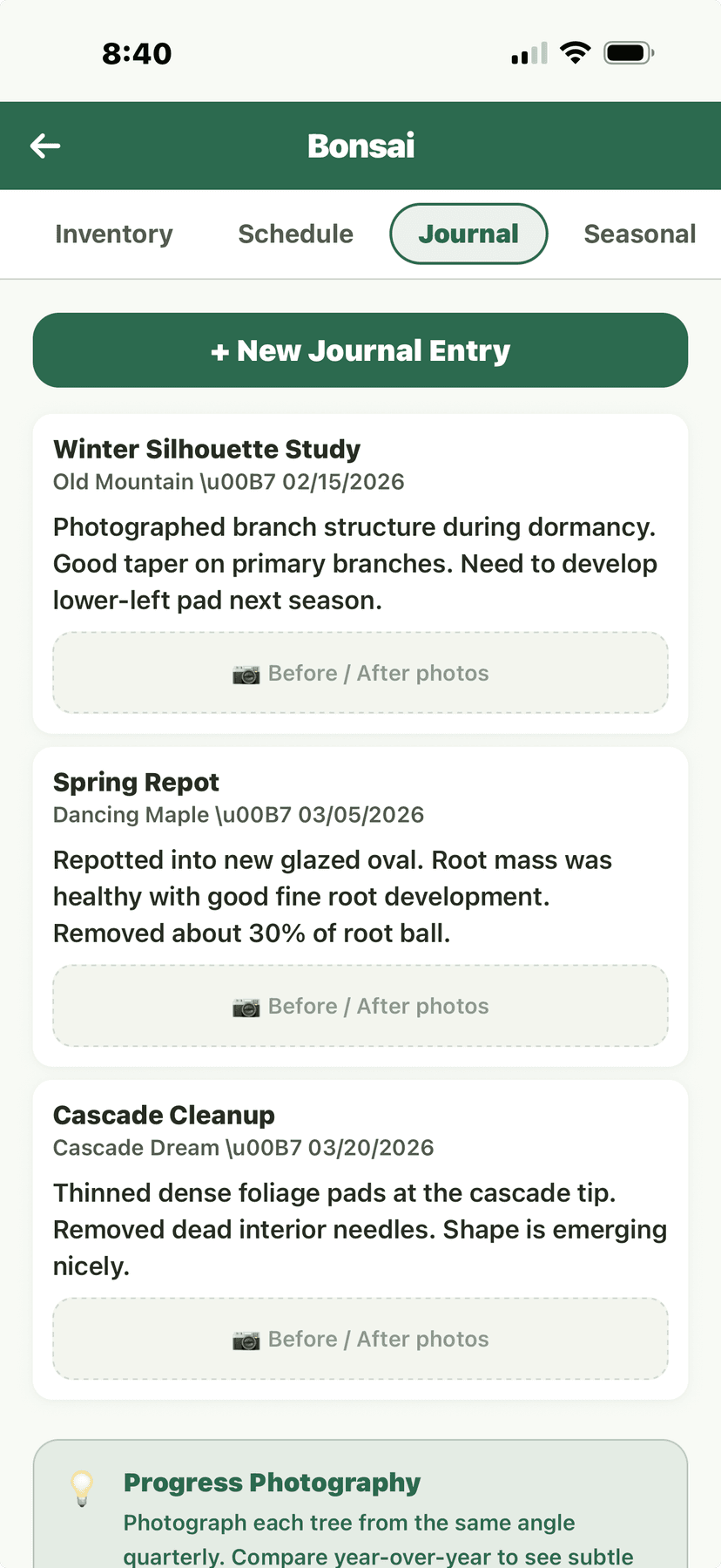 Bonsai journal with progress photos