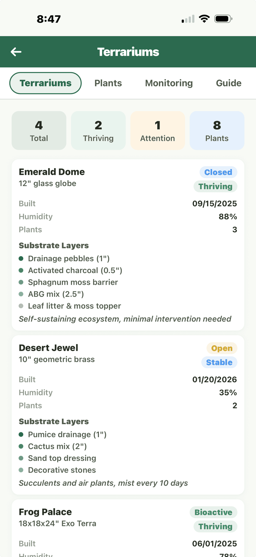 Terrarium management with substrate layers