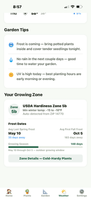 Your Growing Zone - Zone 5b with frost dates May 10 to Oct 5, 148 day growing season