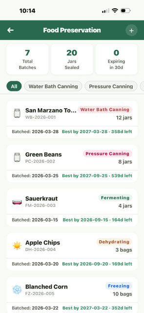 Food Preservation batch list with 7 batches and method badges: Water Bath Canning, Pressure Canning, Fermenting, Dehydrating, Freezing