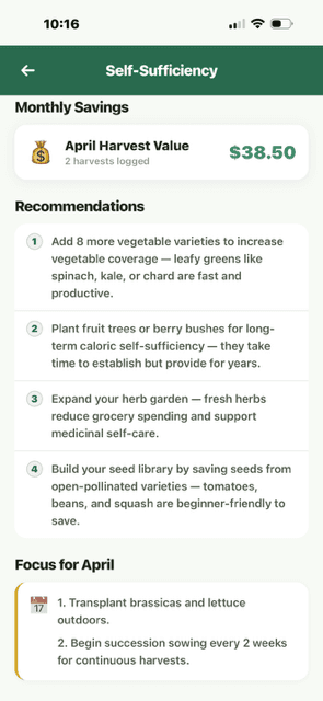 Self-Sufficiency Dashboard scrolled - Monthly Savings $38.50, Recommendations list, Focus for April section