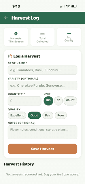 Log a Harvest form with crop name, variety, quantity/unit, quality selector, notes, Save button