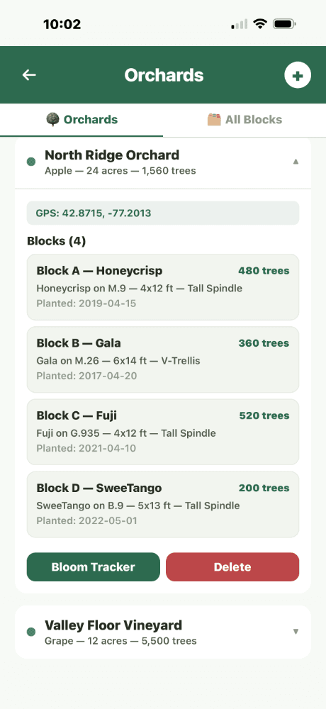 Orchards - North Ridge Orchard with blocks expanded (Honeycrisp, Gala, Fuji, SweeTango) and Bloom Tracker button