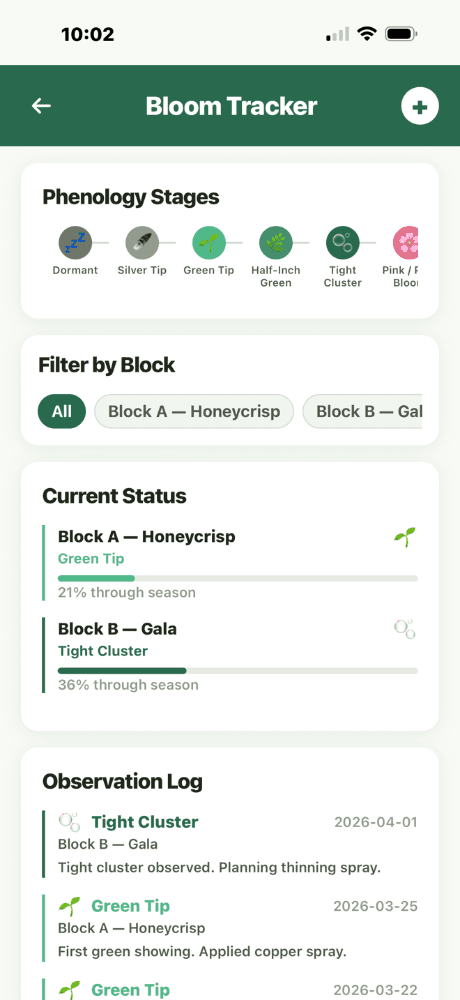 Bloom Tracker - Phenology Stages timeline, filter by block, current status per block, and observation log