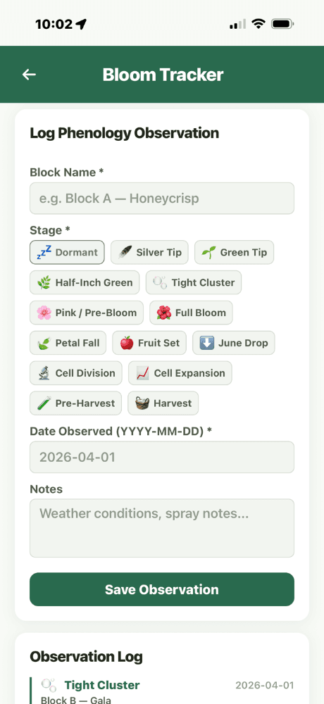Bloom Tracker - Log Phenology Observation form with block picker, stage chips (Petal Fall, Full Bloom, Tight Cluster), and date