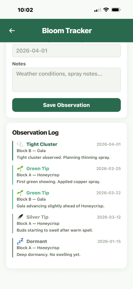 Bloom Tracker - Observation Log entries showing stage progression (Tight Cluster, Green Tip, Silver Tip) with timestamps