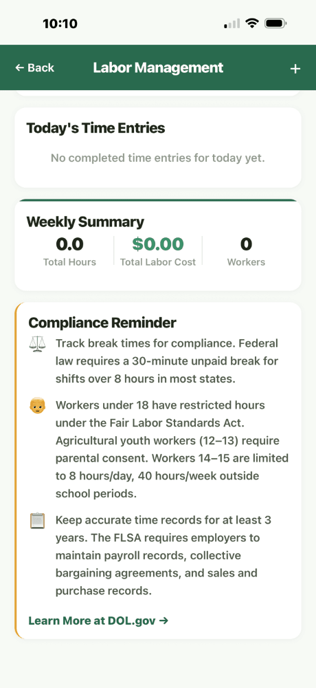 Labor Management - Weekly Summary with hours/wages, Compliance Reminder with federal break laws and youth worker restrictions
