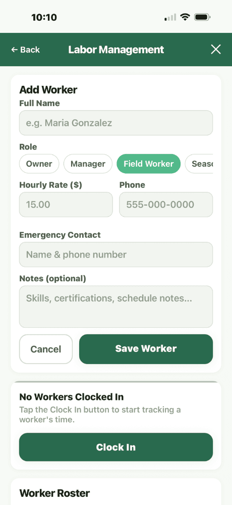 Labor Management - Add Worker form with name, role selector (Owner/Manager/Add Worker/Intern), hourly rate, phone, emergency contact, and certifications